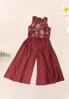 Maroon Embroidered Viscose Kurta Set For Girls