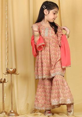 Peach Printed Cotton Kurta Set For Girls