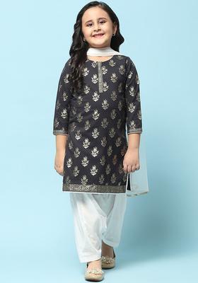 Black Printed Cotton Kurta Set For Girls