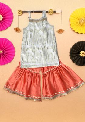 Orange Woven Design Silk Kurta Set For Girls