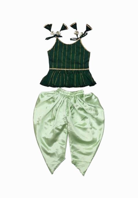 Green Woven Design Silk Kurta Set For Girls — view on Indya