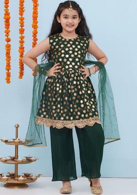 Green Woven Design Georgette Kurta Set For Girls
