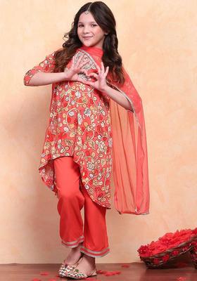 Orange Printed Viscose Kurta Set For Girls