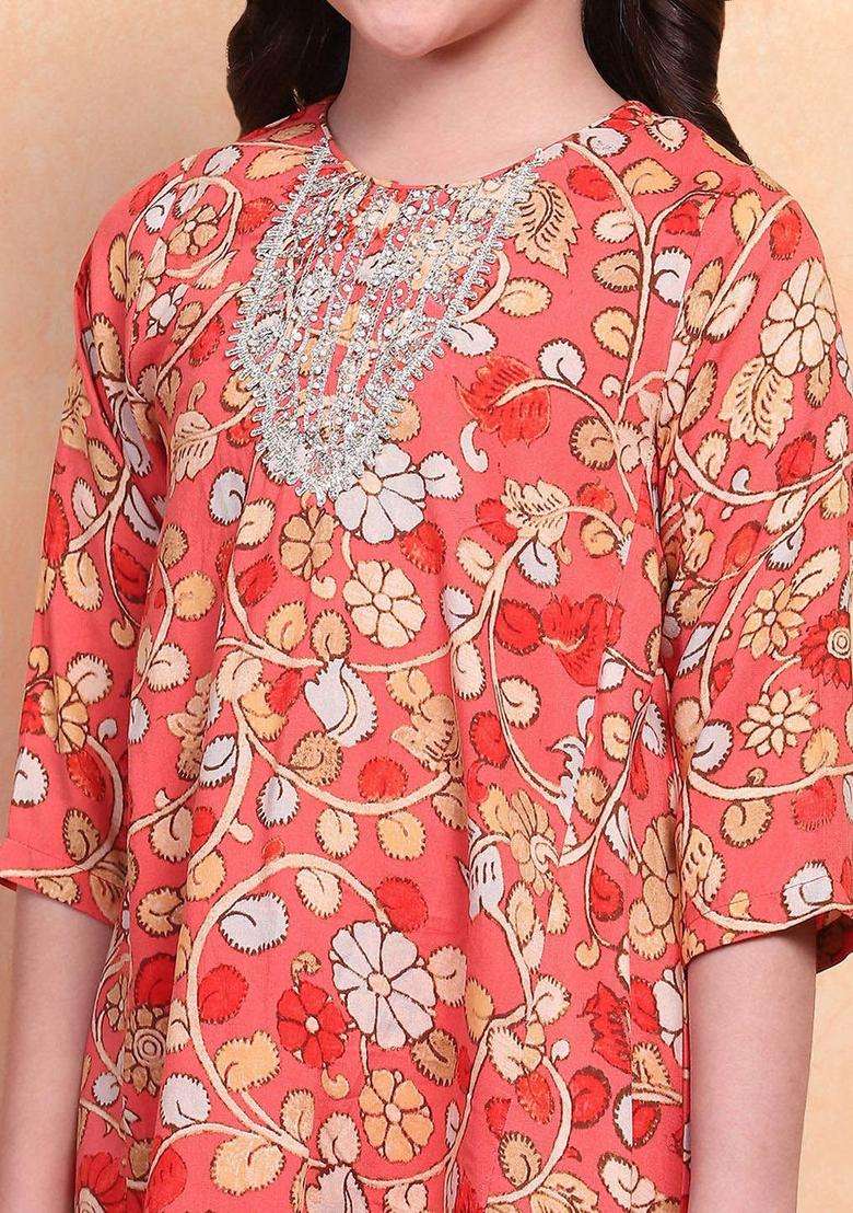 Orange Printed Viscose Kurta Set For Girls - Indya