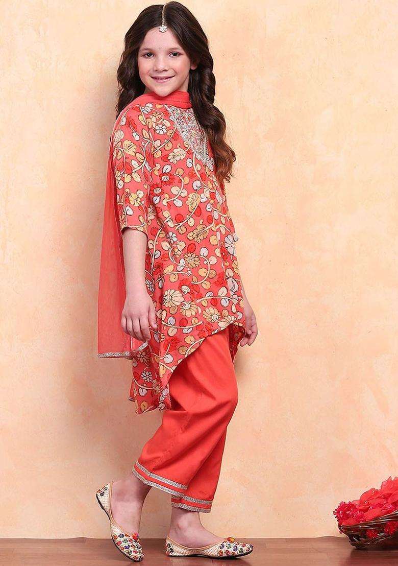 Orange Printed Viscose Kurta Set For Girls - Indya