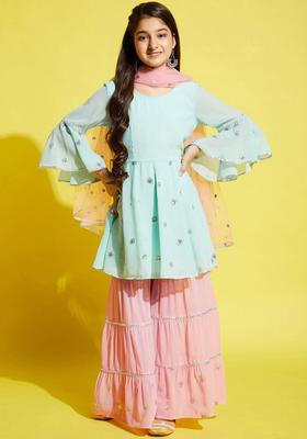 Blue Embroidered Georgette Kurta Set For Girls