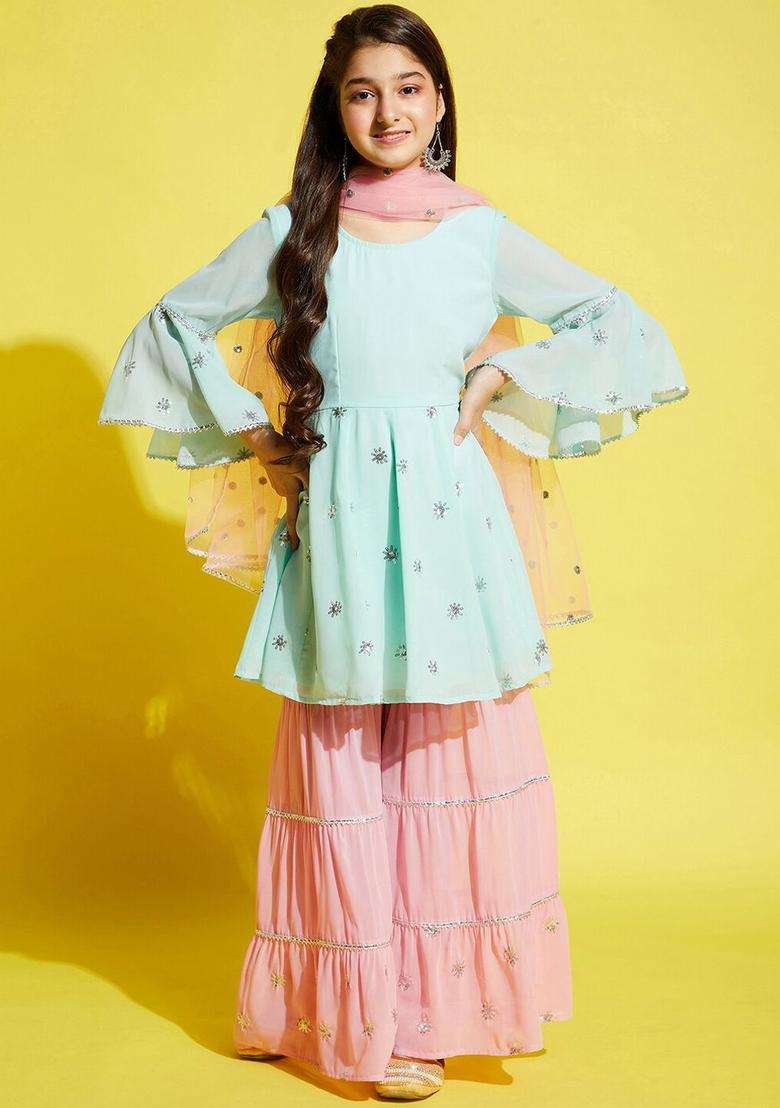 Blue Embroidered Georgette Kurta Set For Girls - Indya