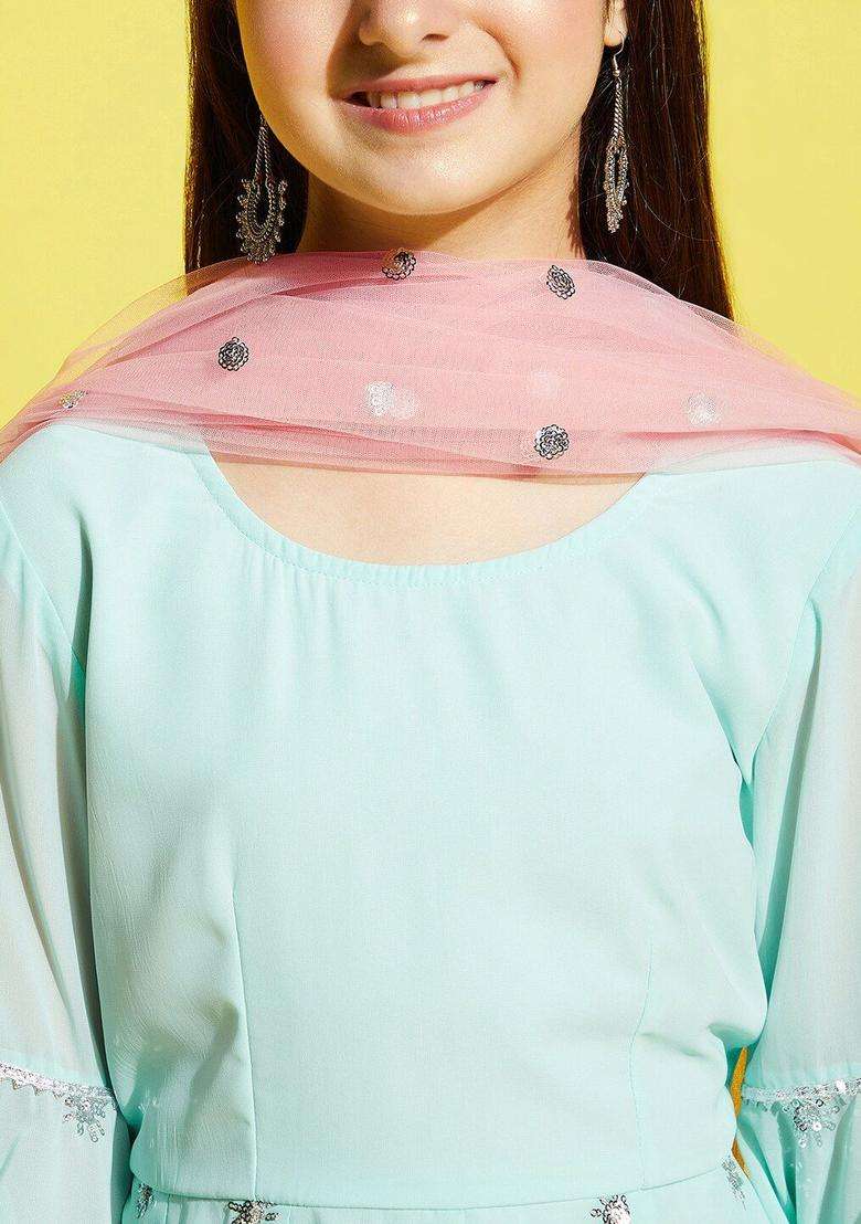 Blue Embroidered Georgette Kurta Set For Girls - Indya