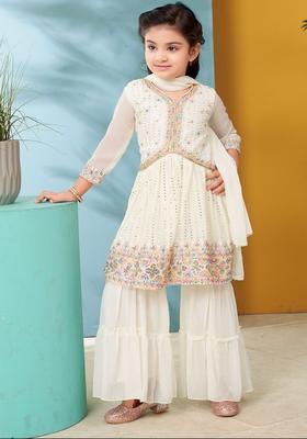 White Embroidered Georgette Kurta Set For Girls