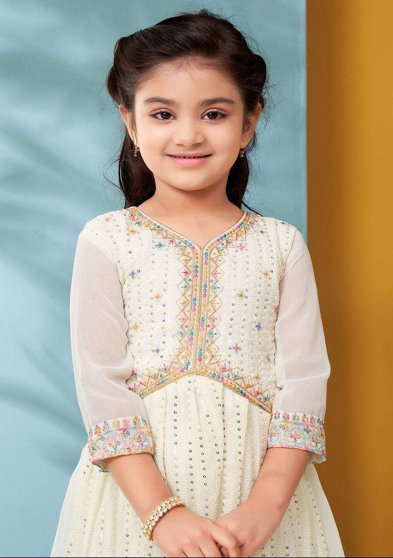 White Embroidered Georgette Kurta Set For Girls - Indya