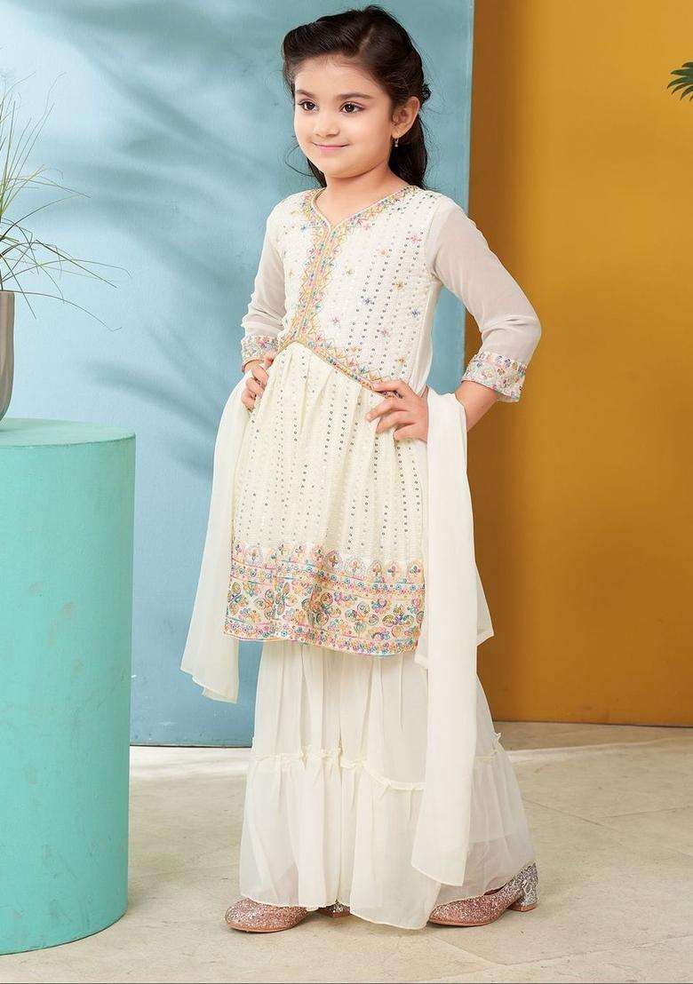 White Embroidered Georgette Kurta Set For Girls - Indya