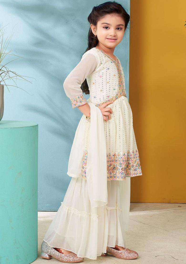 White Embroidered Georgette Kurta Set For Girls - Indya