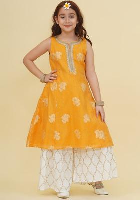 Yellow Self Design Silk Kurta Set For Girls
