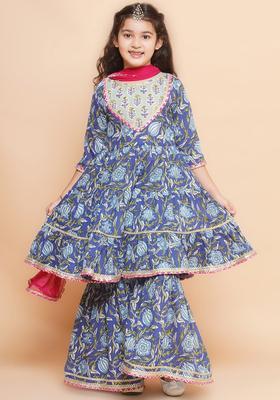 Blue Printed Cotton Kurta Set For Girls