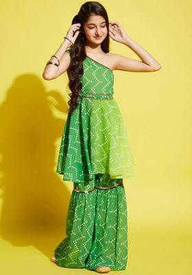 Green Printed Georgette Kurta Set For Girls