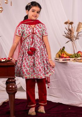 Blue Printed Cotton Kurta Set For Girls