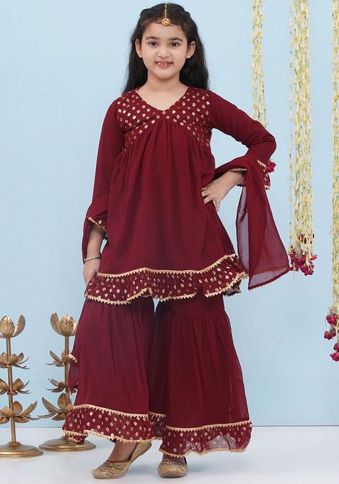 Maroon Printed Georgette Kurta Set For Girls — view on Indya
