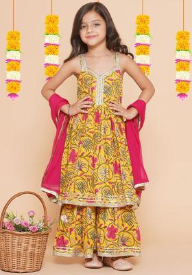 Yellow Printed Cotton Kurta Set For Girls