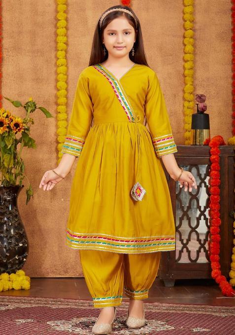 Yellow Silk Kurta Set For Girls — view on Indya