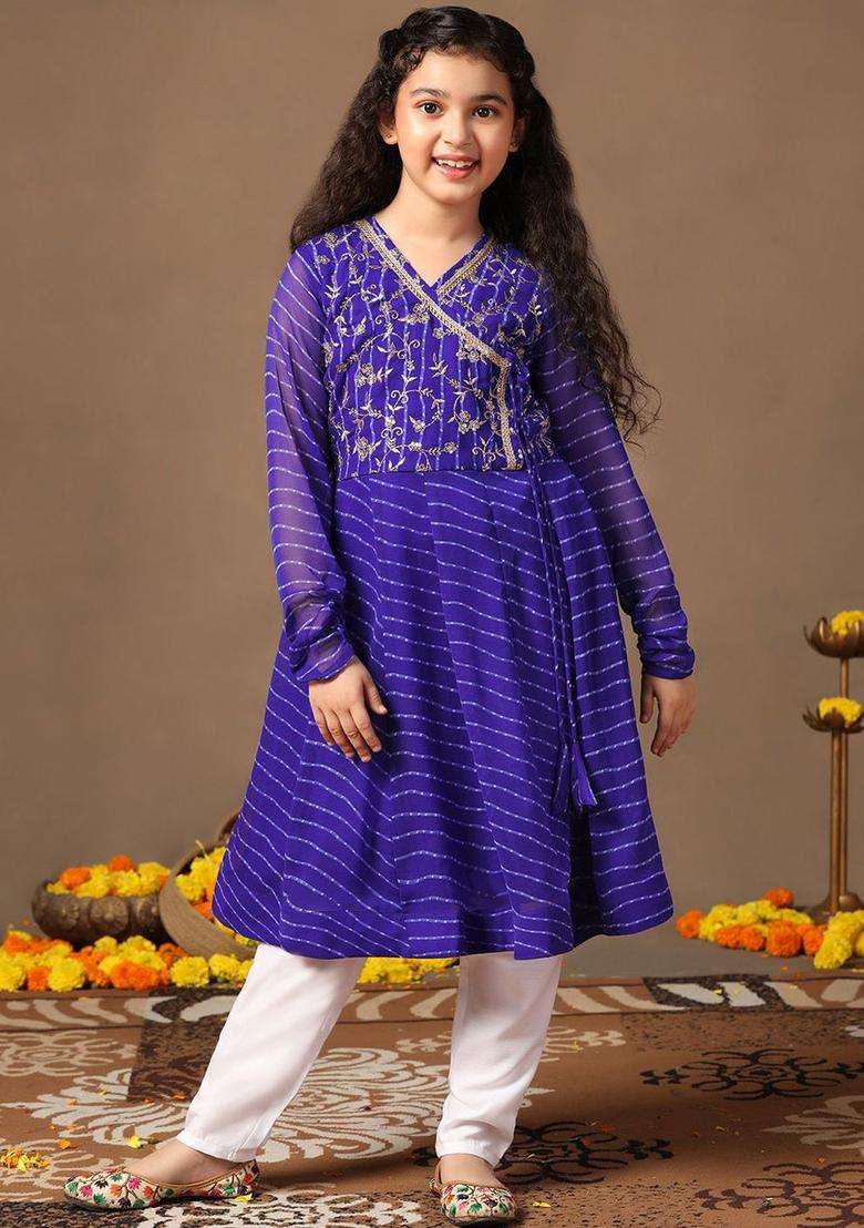 Blue Embroidered Georgette Kurta Set For Girls - Indya
