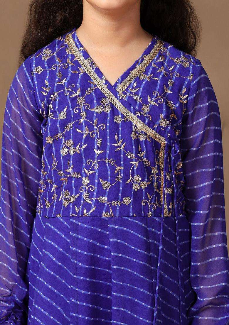 Blue Embroidered Georgette Kurta Set For Girls - Indya