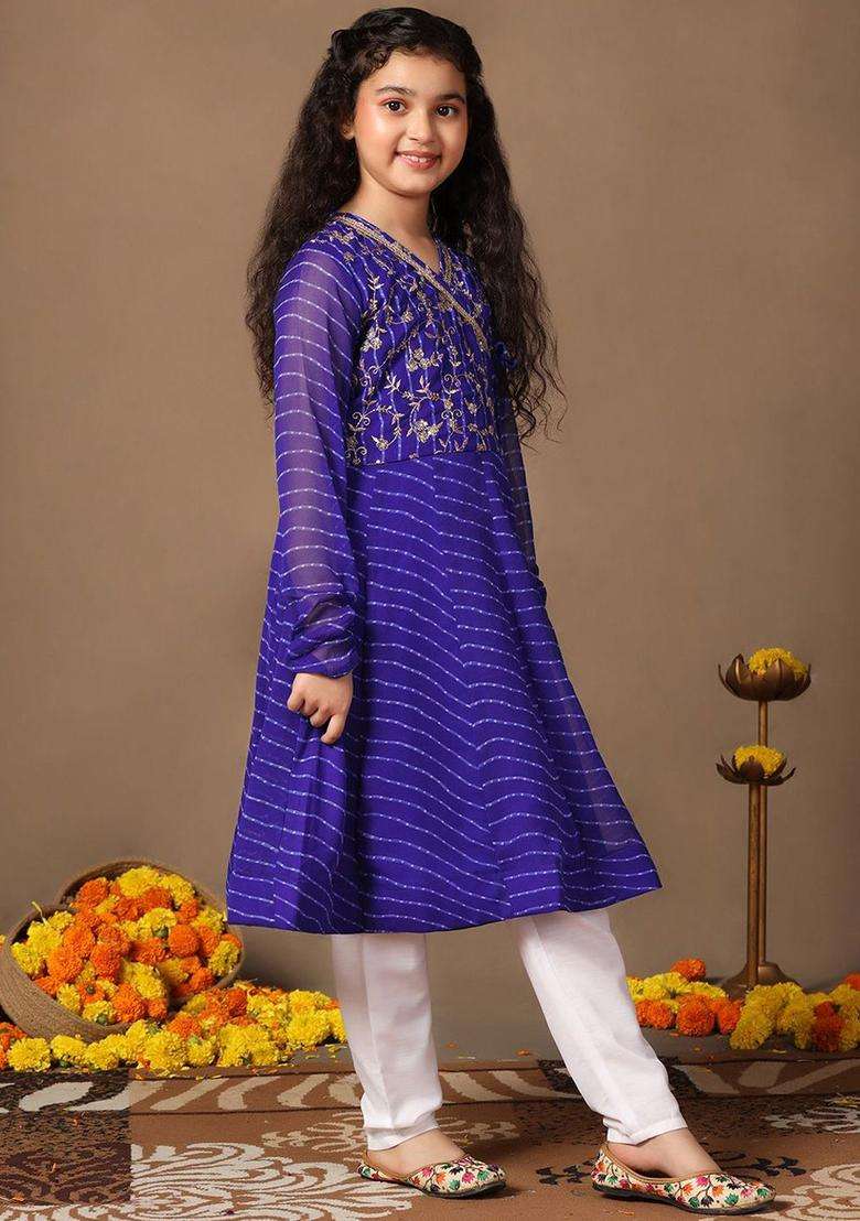 Blue Embroidered Georgette Kurta Set For Girls - Indya