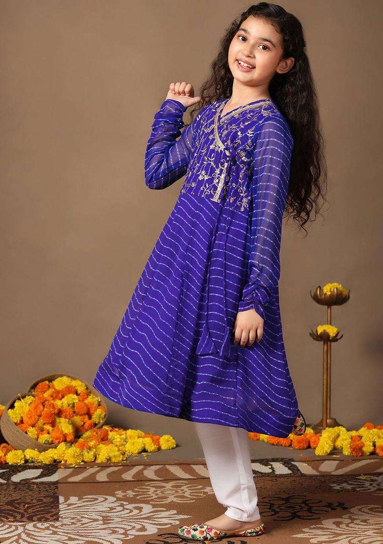 Blue Embroidered Georgette Kurta Set For Girls - Indya