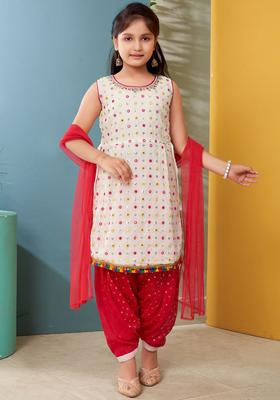 White Embroidered Georgette Kurta Set For Girls