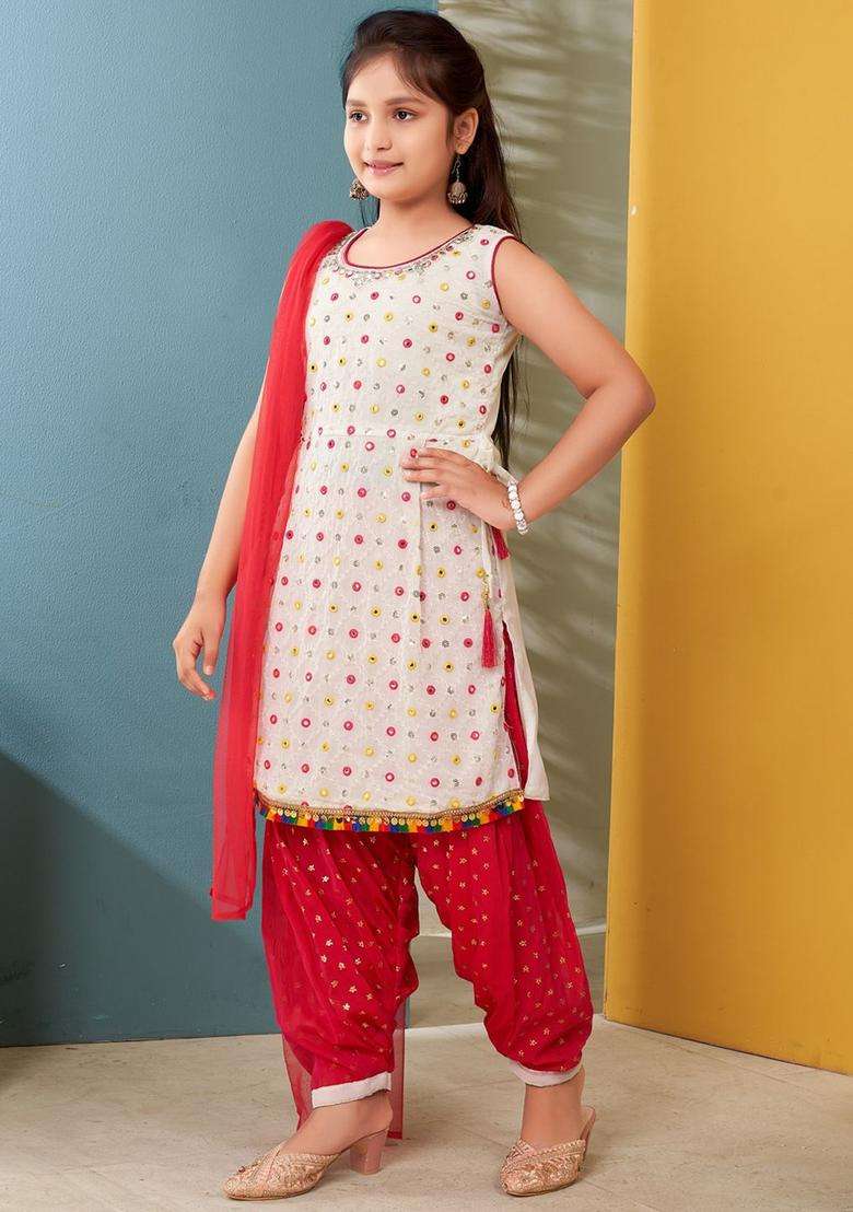 White Embroidered Georgette Kurta Set For Girls - Indya