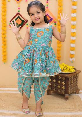 Turquoise Blue Printed Cotton Kurta Set For Girls