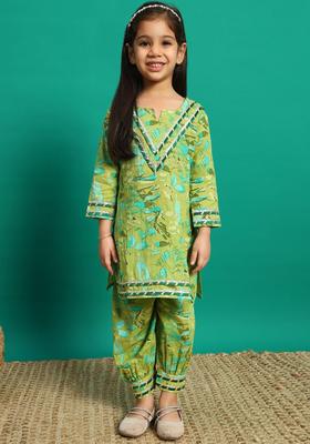 Green Printed Cotton Kurta Set For Girls