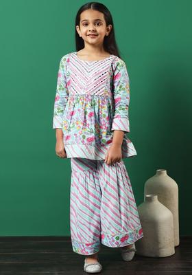 Turquoise Blue Printed Cotton Kurta Set For Girls