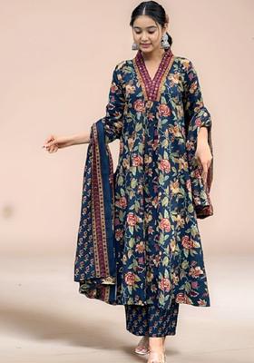 Navy Blue Printed Cotton Kurta Set For Girls