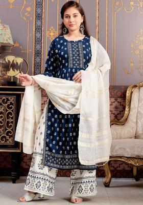 Turquoise Blue Printed Viscose Kurta Set For Girls