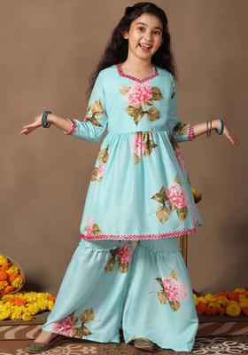 Blue Printed Silk Kurta Set For Girls