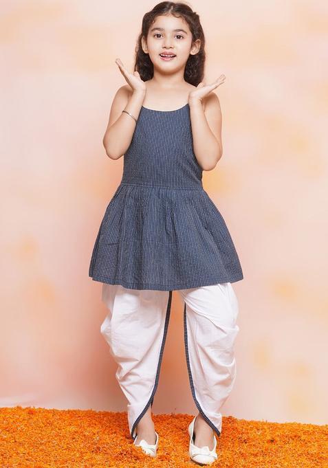Blue Striped Cotton Kurta Set For Girls — view on Indya