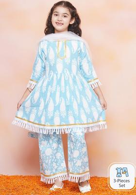 Blue Printed Cotton Kurta Set For Girls