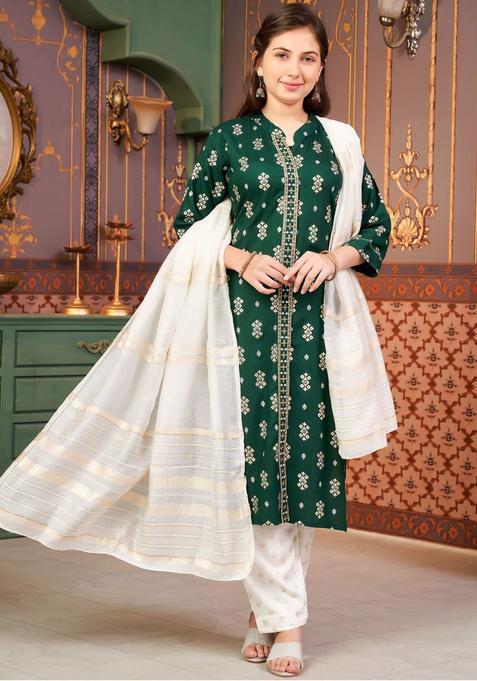 Green Printed Viscose Kurta Set For Girls — view on Indya