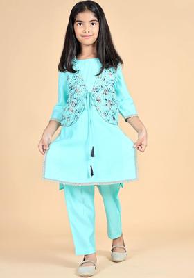 Turquoise Blue Solid Silk Kurta Set For Girls