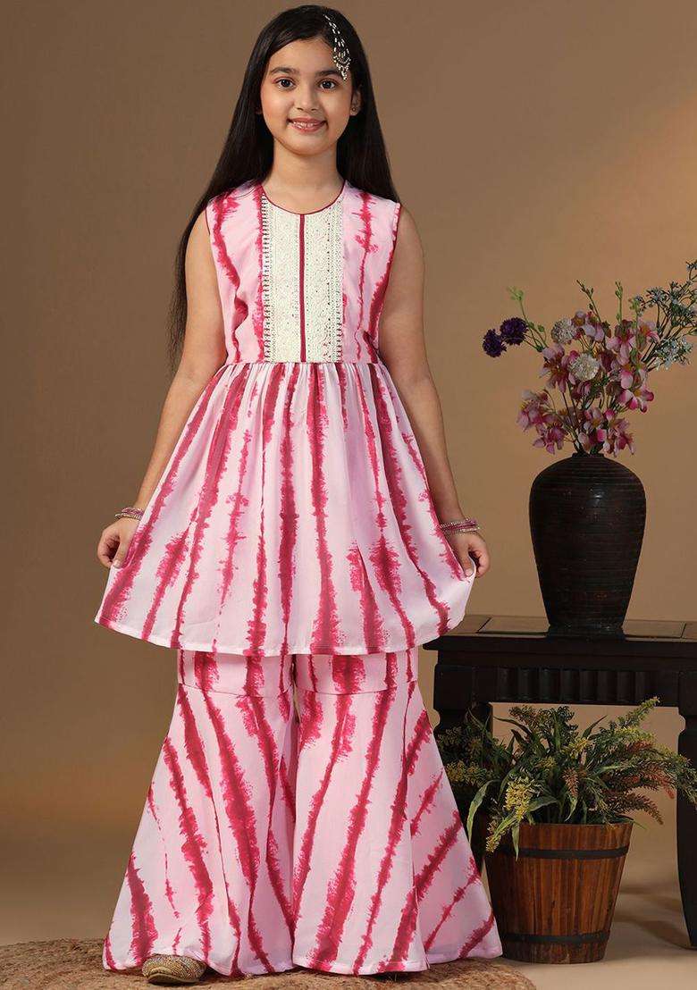 Red Dyed Georgette Kurta Set For Girls - Indya