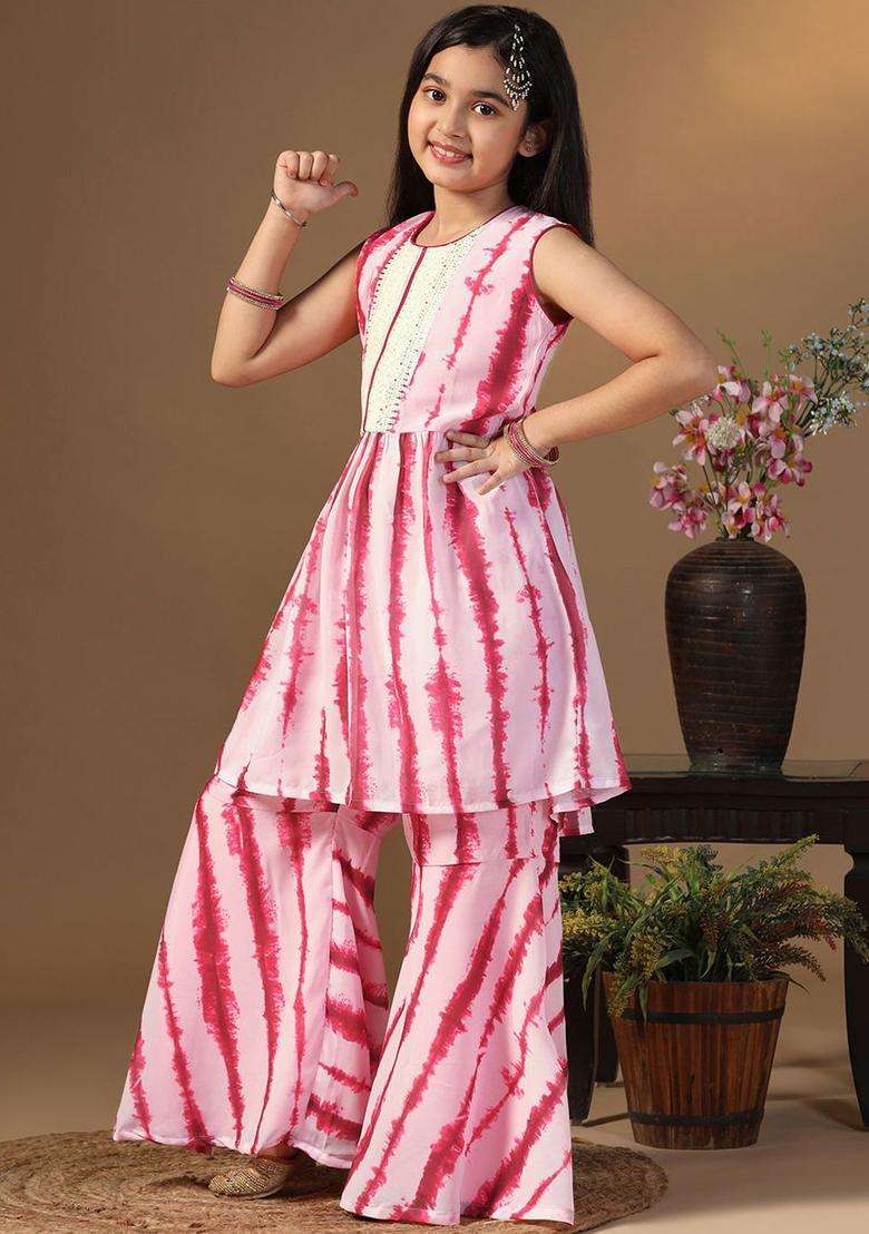Red Dyed Georgette Kurta Set For Girls - Indya