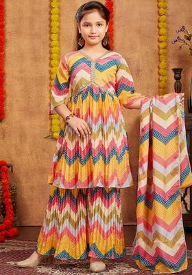 Yellow Printed Silk Kurta Set For Girls