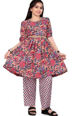 Peach Printed Cotton Kurta Set For Girls