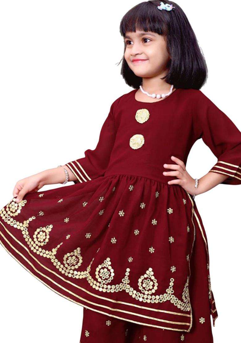 Maroon Embroidered Georgette Kurta Set For Girls - Indya