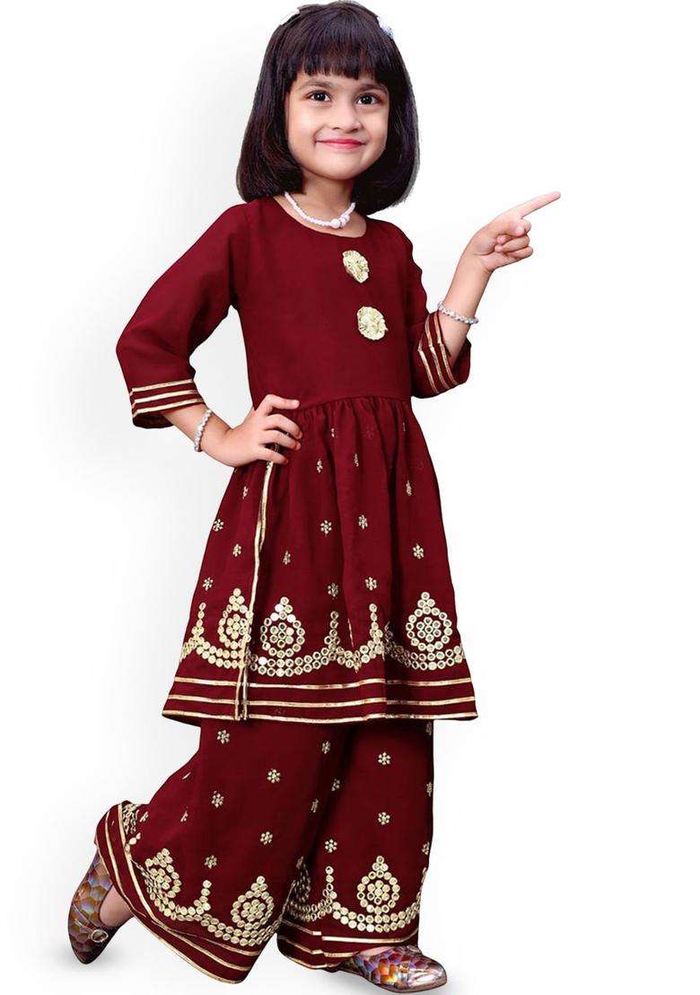 Maroon Embroidered Georgette Kurta Set For Girls - Indya