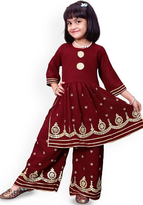 Maroon Embroidered Georgette Kurta Set For Girls — view on Indya