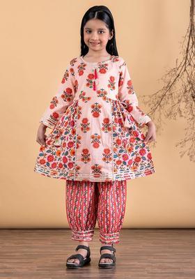 Peach Printed Cotton Kurta Set For Girls