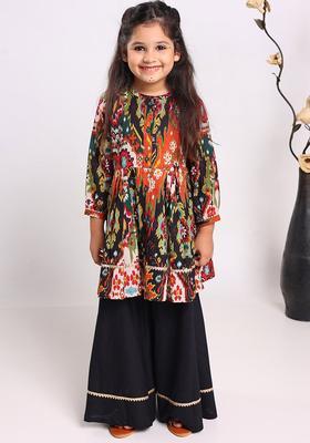 Black Printed Cotton Kurta Set For Girls