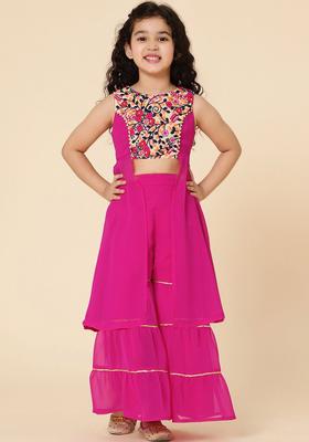 Fuchsia Embroidered Georgette Kurta Set For Girls