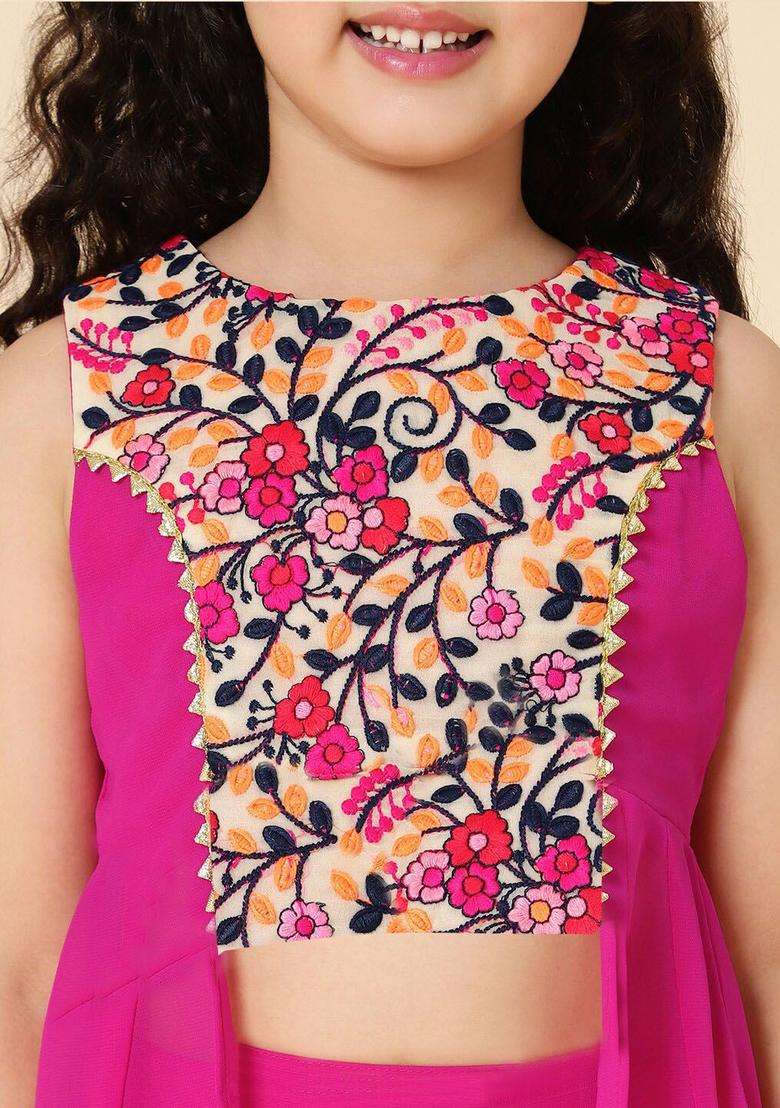 Fuchsia Embroidered Georgette Kurta Set For Girls - Indya